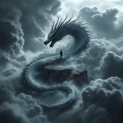 The primary subject of the image is a dragon, which is the main object, scene, or focus of the image. The dragon is depicted in a dark, cloudy sky, creating a dramatic and moody atmosphere. The visual style of the image is digital art, as it is a well-crafted and detailed illustration. The colors in the image are predominantly dark and gray, with the dragon being the most prominent and vibrant element in the scene.